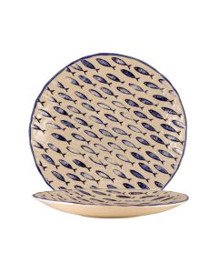 THALASSIOS Piatto rotondo bianco con decoro blu in rilievo Ø cm 34 h cm 4