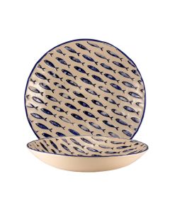 THALASSIOS Coppa rotonda bianca con decoro blu in rilievo Ø cm 36 h cm 6,5